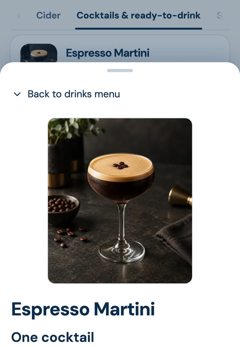 Example Client Portal: the drink page for an Espresso Martini, with a photo and details about the drink.